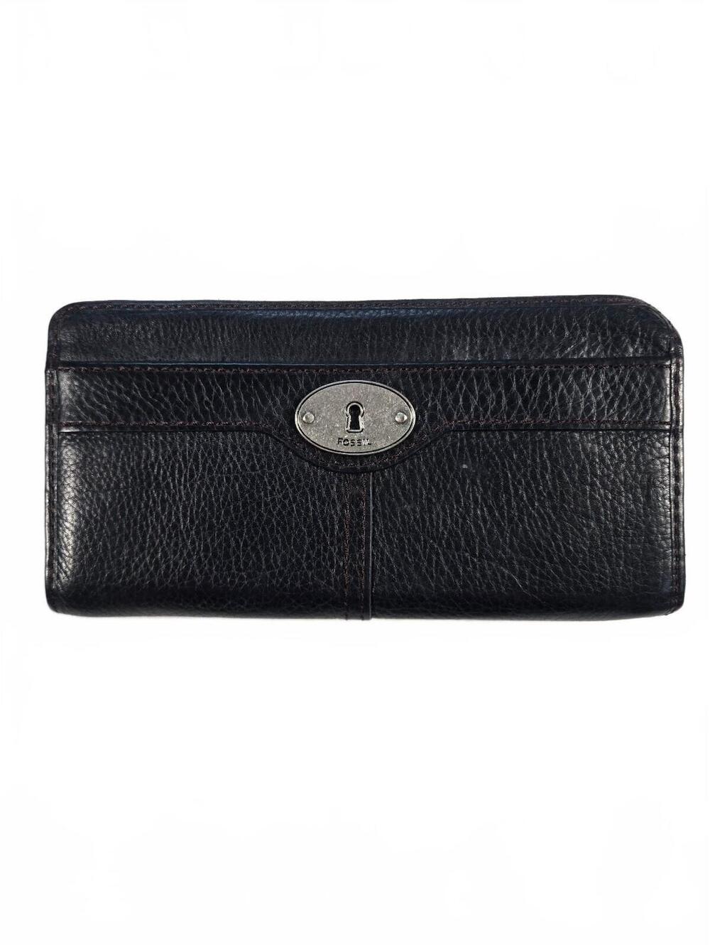 Vintage Fossil Maddox Black Pebbled Leather Zip Wallet Y2K